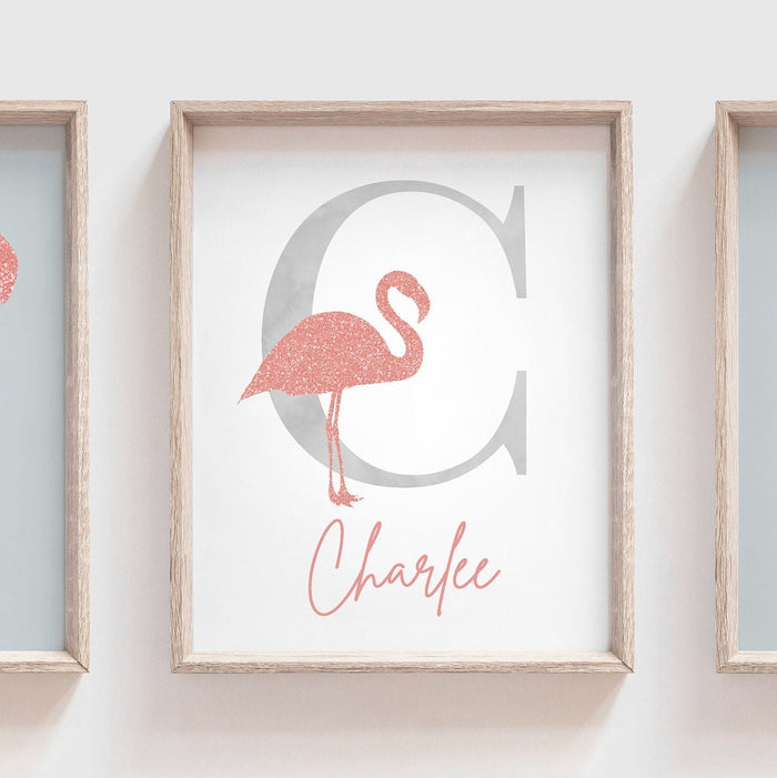 Rose gold glitter flamingo art, tropical prints rose gold, girl's pink glittery art, girl room decor pink glitter, personalized pink gray
