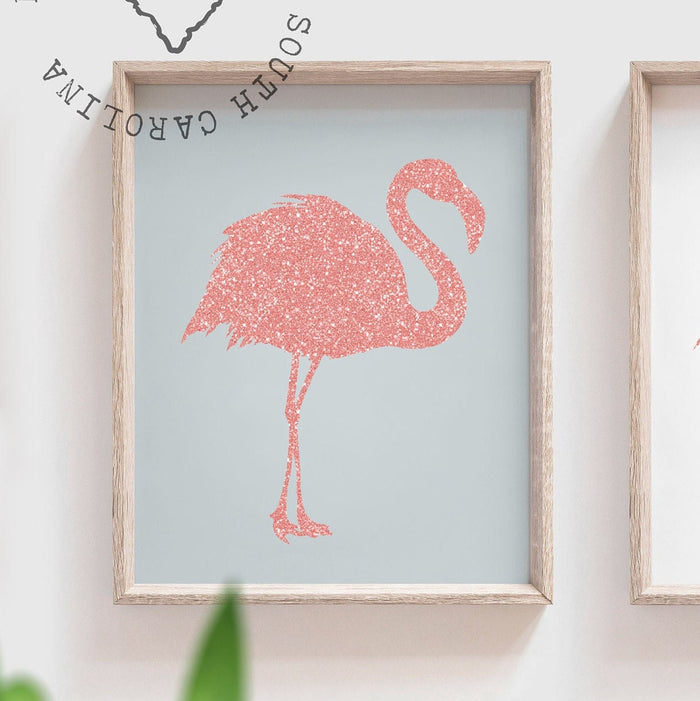 Rose gold glitter flamingo art, tropical prints rose gold, girl's pink glittery art, girl room decor pink glitter, personalized pink gray