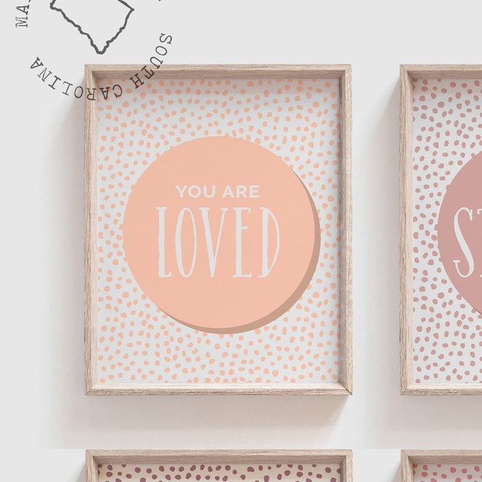Boho blush mauve nursery playroom or bedroom art prints, you are loved kind brave unique, neutral wall art, boho kids bedroom playroom art