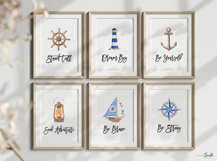 Nautical boys room art, anchor ship wheel sailboat collection nautical wall prints, nautical nursery art, ocean theme wall art, sea baby art