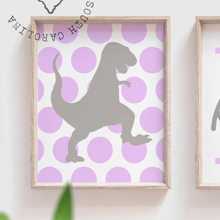 Purple gray girls dinosaur nursery art, girl dinosaur art, baby girl dinosaurs, girl dinosaur wall art, girls bedroom dinosaurs purple decor