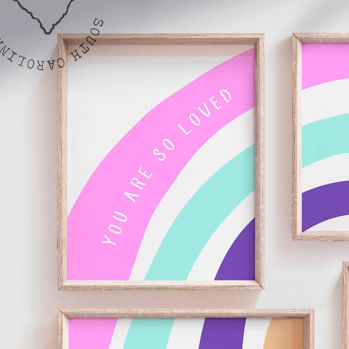 Bright modern girl rainbow, little girl bedroom or playroom wall idea, bright pink and purple toddler wall art, pink purple aqua rainbow art