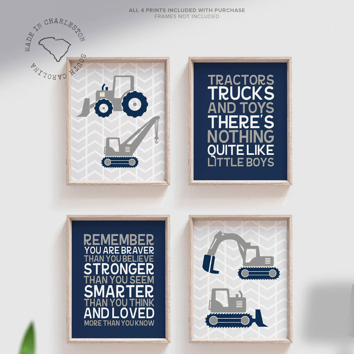 Tractors Trucks & Toys Theres Nothing Quite Like Little Boys, Remember You Are Braver, digger art print, construction trucks room wall decor