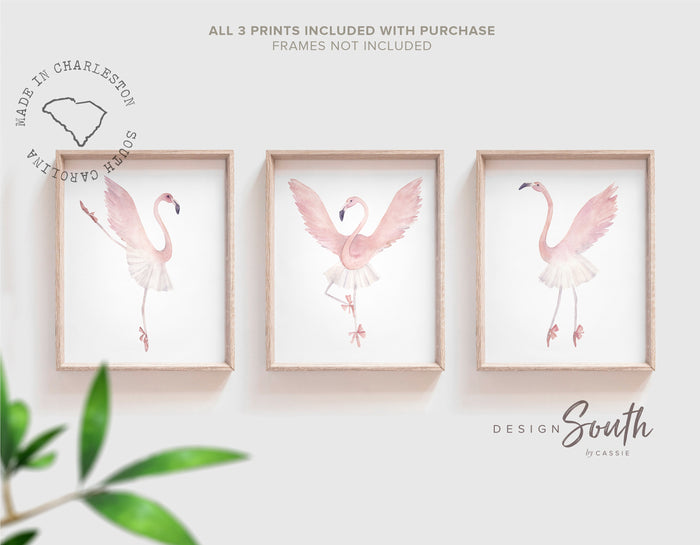 Flamingo nursery set of 3 prints, blush nursery decor, ballerina dance nursery, flamingo nursery decor, blush pink dancer art, pink ballet