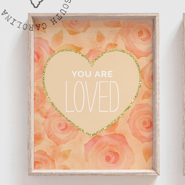Rose nursery decor, pastel rose themed, playroom wall art for girl, baby girl nursery prints, kid bedroom flowers hearts gold, inspiring art