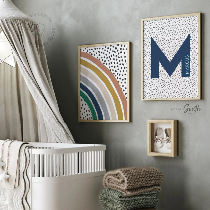 Boys rainbow decor, neutral kids wall hanging with name, kid playroom rainbow posters, kid room decor personalized, earthy neutral child art