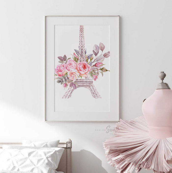 Paris eiffel tower girl decor, elegant paris baby room art, floral paris prints, baby girl nursery paris themed, baby shower paris baby gift