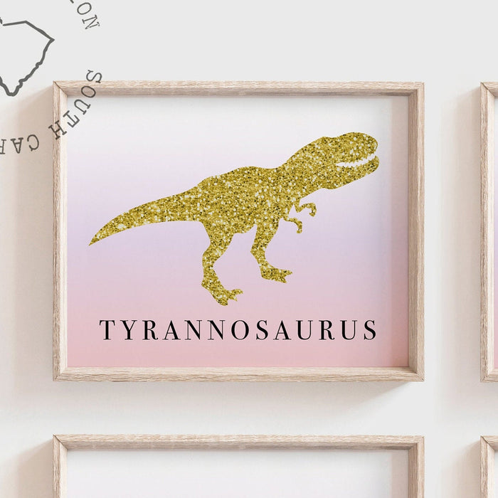 Ombre dinosaur girl art, girls nursery bedroom playroom decor dinosaur themed art, prints girls bedroom gold dinosaurs, girl baby dinosaurs