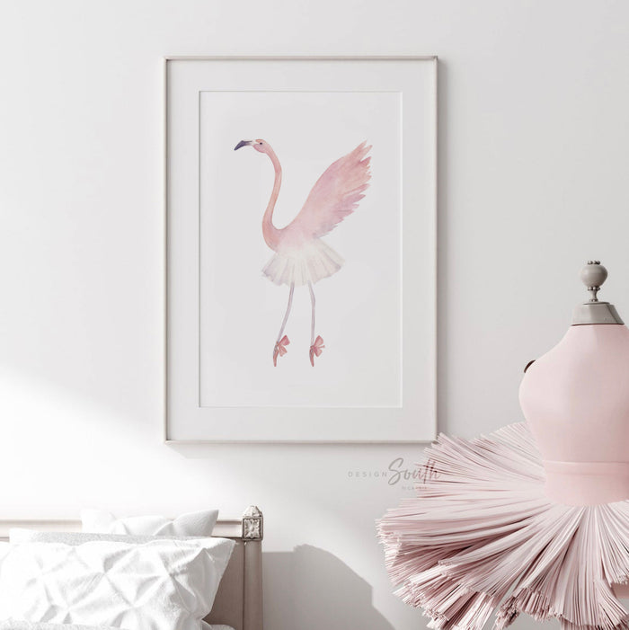 Ballerina flamingo art, girl dance themed room art, flamingo ballet art prints, ballerina nursery art, ballerina bedroom or playroom decor