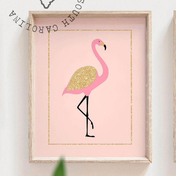 Flamingo girl art, flamingo gift for girl, tropical nursery theme for girl, pink gold nursery wall art, flamingo personalized art print sign