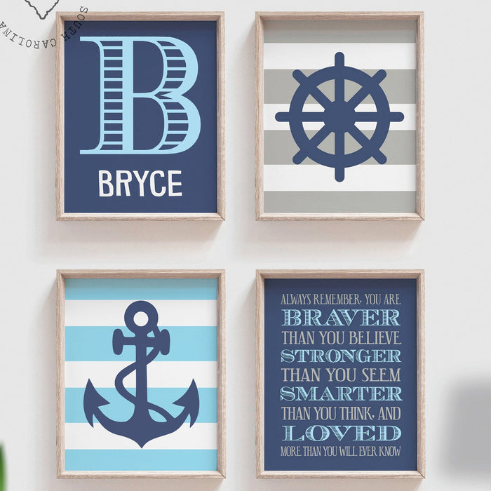 Boy nautical wall art, coastal nursery, anchor shipwheel, baby boy nursery decor blue and gray nautical, baby blue nautical, boy's bedroom
