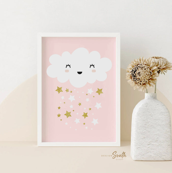 Baby girl nursery pink & gold, wall prints, baby shower gift for baby girl, pink gold decor, moon stars, baby girl wall art, gold sparkles