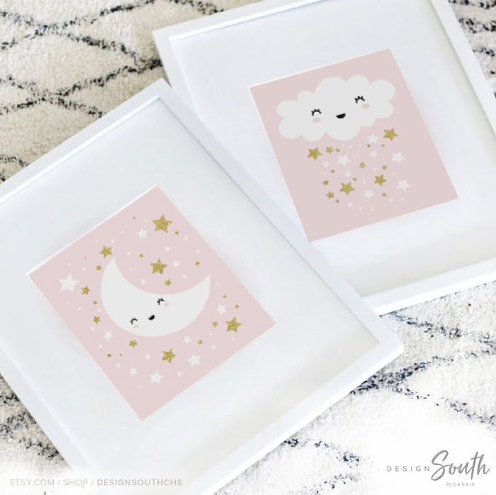 Baby girl nursery pink & gold, wall prints, baby shower gift for baby girl, pink gold decor, moon stars, baby girl wall art, gold sparkles