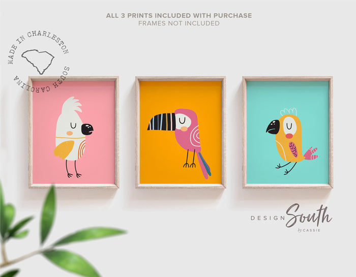 Tropical room art, jungle bird art, tropical vibe art prints, colorful bird art, jungle art, tropical bird prints set of 3, exotic bird room