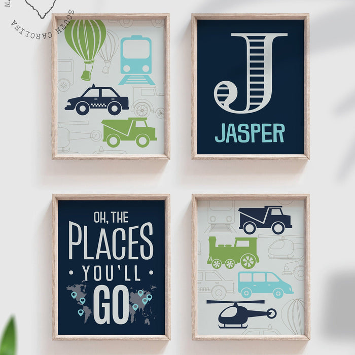 Transportation nursery decor, blue, green, aqua, oh the places you'll go, personalized print, name, transportation prints, helicopter, train