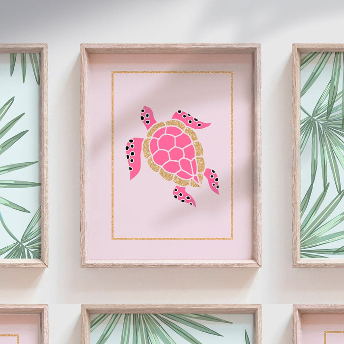 Sea animal collection, art print set six 6 beach themed nursery, starfish sea turtle pink gold, ocean bedroom wall art, pink and gold beach