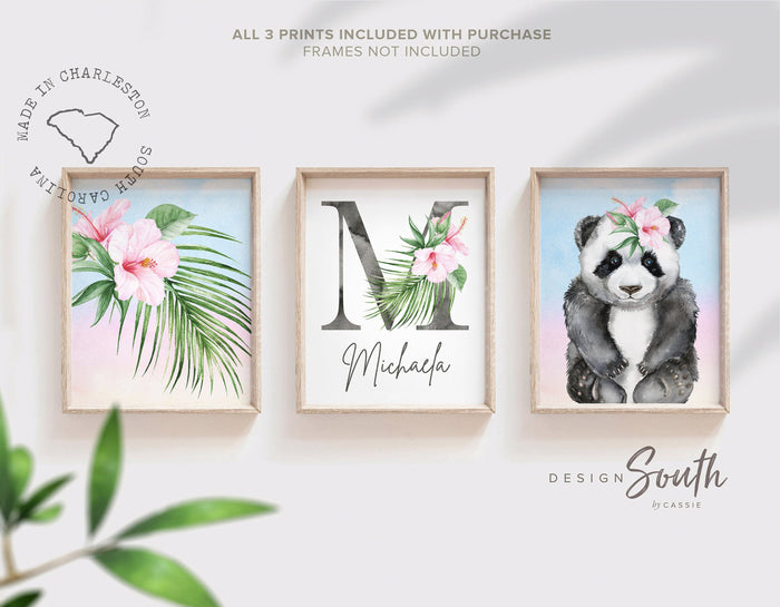 Girls panda bedroom, baby girl nursery gift, panda bear decor for girls, tropical flowers wall art baby, girls personalized name art pink