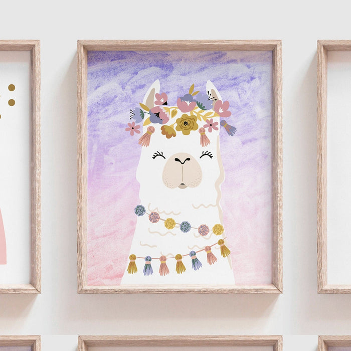 Llama themed girls nursery room wall art, llama baby girl gift, llama baby name gift, purple nursery baby room decor, desert girl bedroom