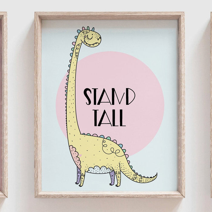 Girls pink purple dinosaur art, girly dinosaur theme, girl dinosaurs pink purple yellow, modern colorful dinosaur print set, dinosaur wall