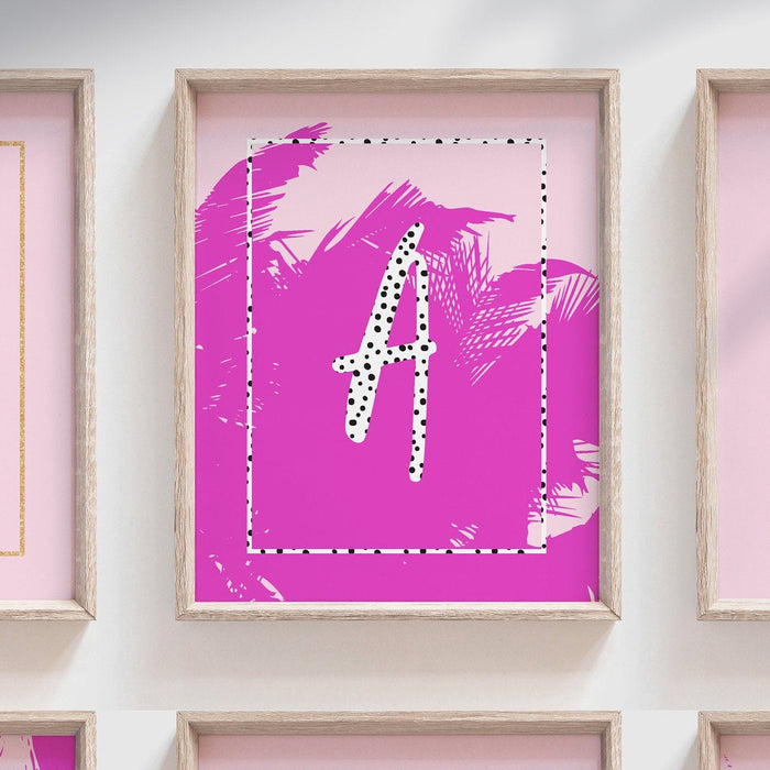 Hot pink wall art, personalized initial, pink girls nursery art prints, girl kids room decor pictures pink, tropical hot pink flamingo decor