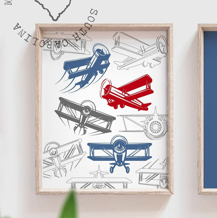 Blue and red airplane aviation flight nursery wall art, airplane baby decor, planes boy nursery, flying planes boys bedroom red and blue kid