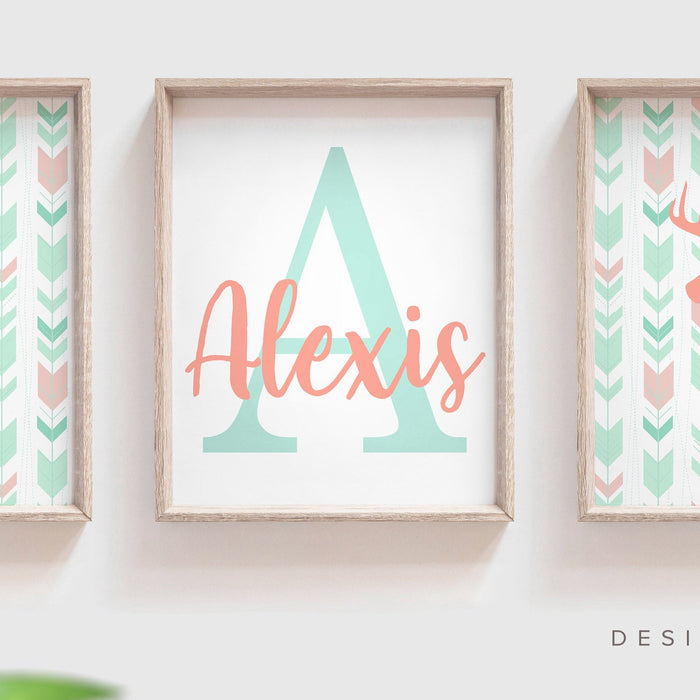 Girl deer wall art, girls deer decor, girl deer nursery, coral mint deer girl bedroom wall art, deer head girl antler, girl deer monogram