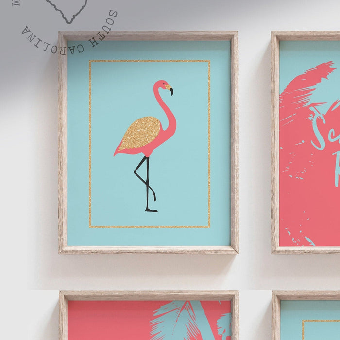 Custom palm name sign, little girl room summer palms flamingos art, personalized name decor, flamingo art, tropical coral gold wall art set