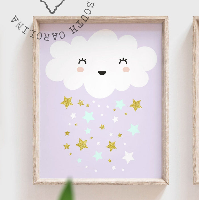 Girls nursery art, purple lilac mint gold, dream big, stars clouds moon, wall decor for baby girl room, baby shower gift girl, nursery art