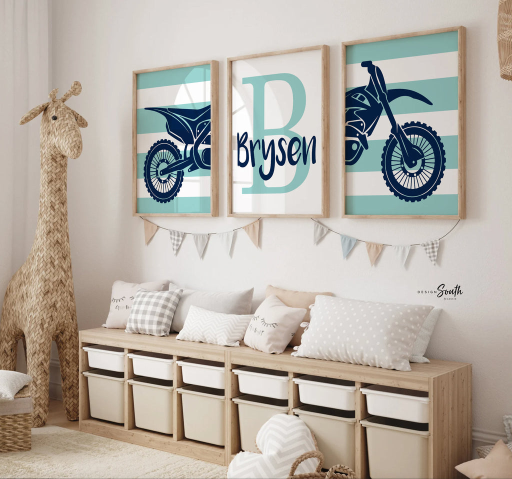 Dirt bike room decorating ideas, customized name motocross dirt bike wall art boys room, dirt bike theme bedroom playroom nursery, boys gift