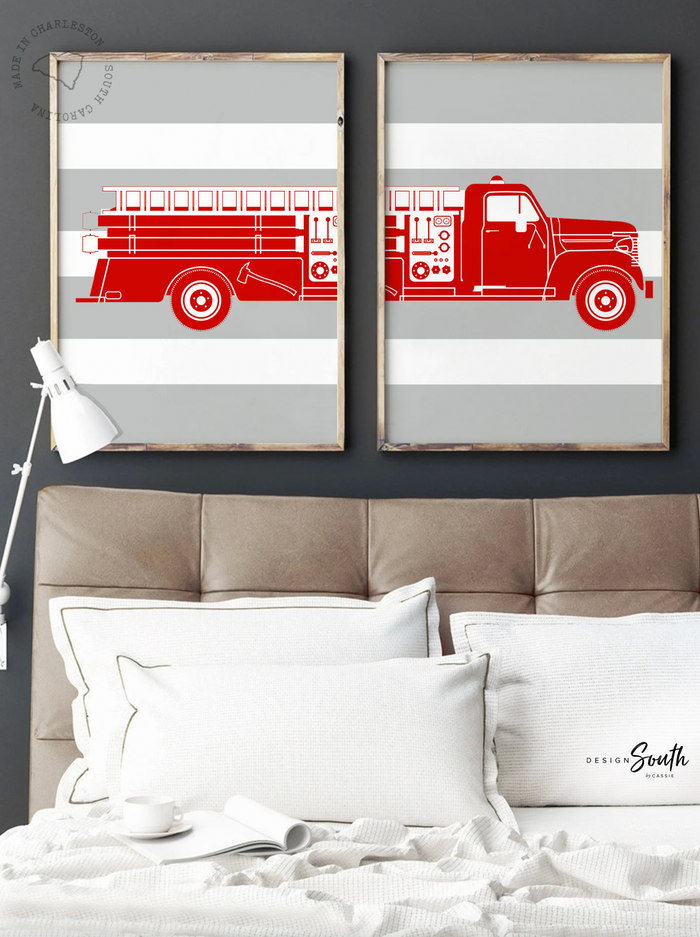 Red firetruck nursery decor, firefighter nursery art, firetruck kid art, firetruck theme, children firetruck wall art prints, personalized
