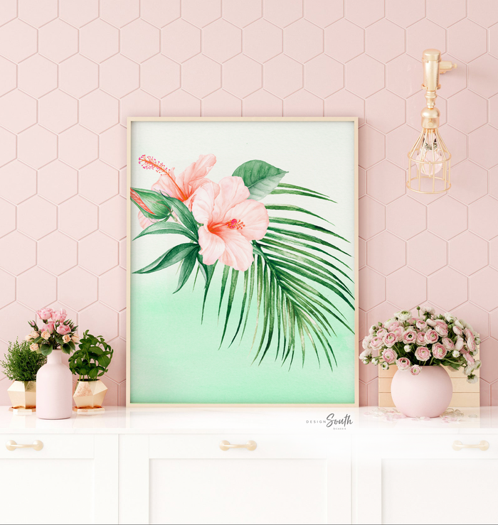 Tropical personalized name baby gift, mint aqua pink green tropical nursery art, baby girl quote flamingo palms, green pink aqua nursery art