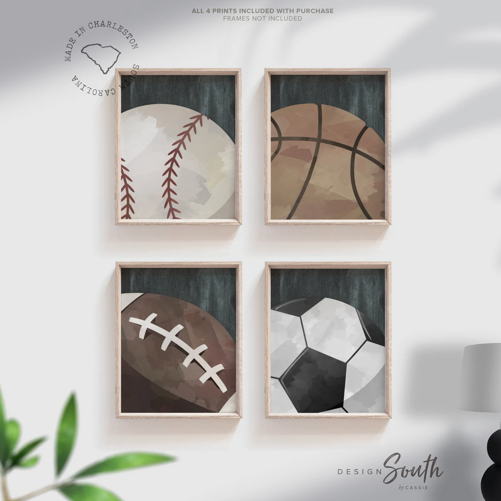 Rustic industrial kids room sports decor, modern sports nursery art set, industrial kids playroom decor, gift for boy sports theme, kid room