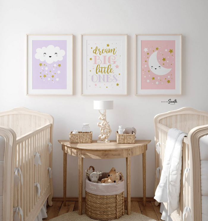 Twin Girls' Pink & Purple Nursery Art — Celestial Sister Prints