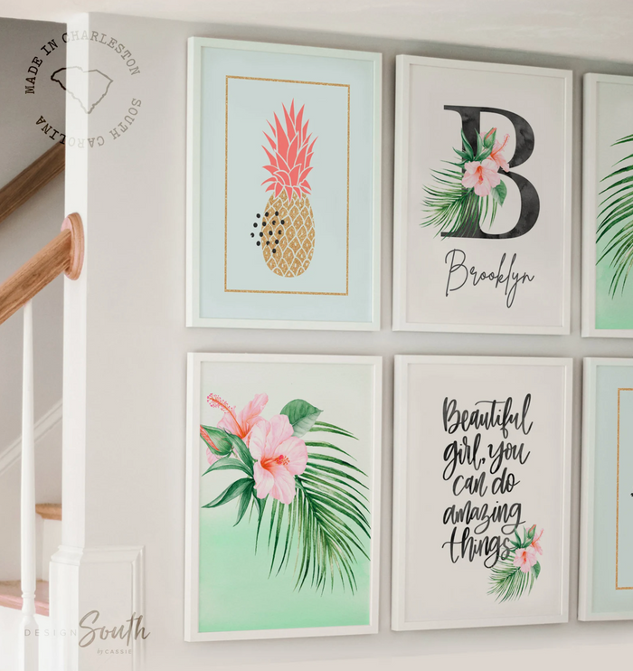Tropical personalized name baby gift, mint aqua pink green tropical nursery art, baby girl quote flamingo palms, green pink aqua nursery art