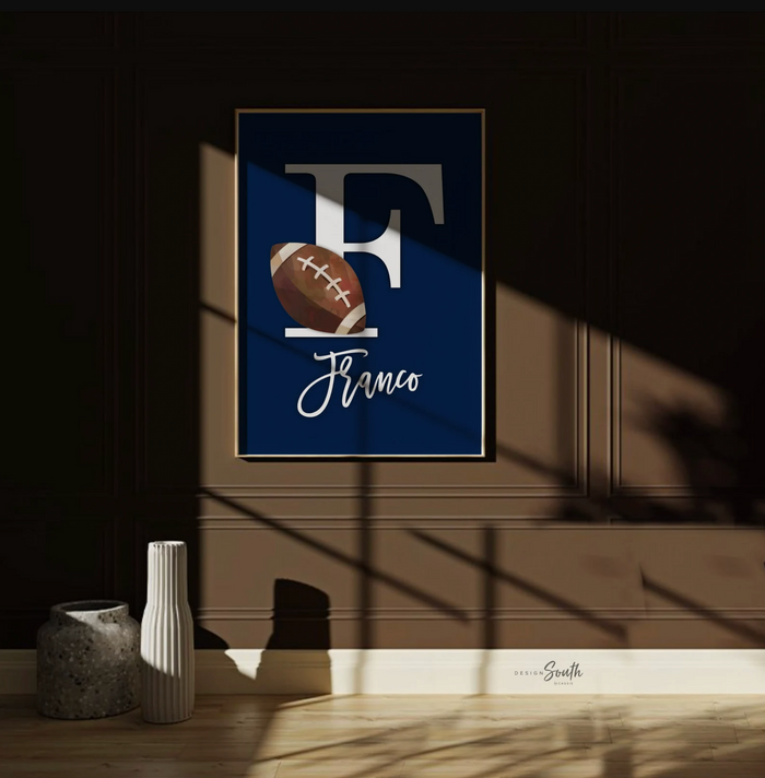 Sports birthday party gift, boys nursery decor, navy blue nursery wall art, boys monogram personalized sports print, big boy bedroom decor