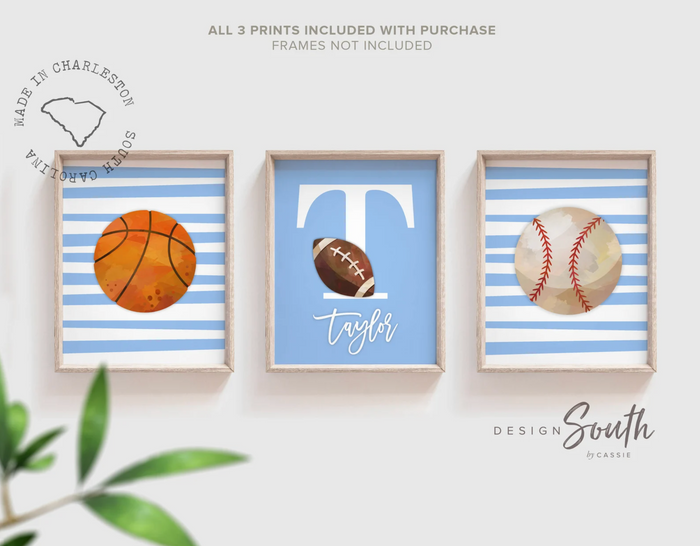 Sports wall art blue, custom sports decor gift, basketball football baseball, personalized name sports theme, little boy room sports signs