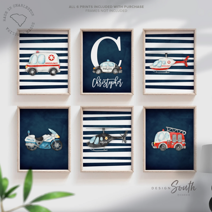 Rescue emergency transportation vehicle wall art, emergency vehicles nursery art, toddler room decor, big boy bedroom, transportation nursery, vehicles wall art set