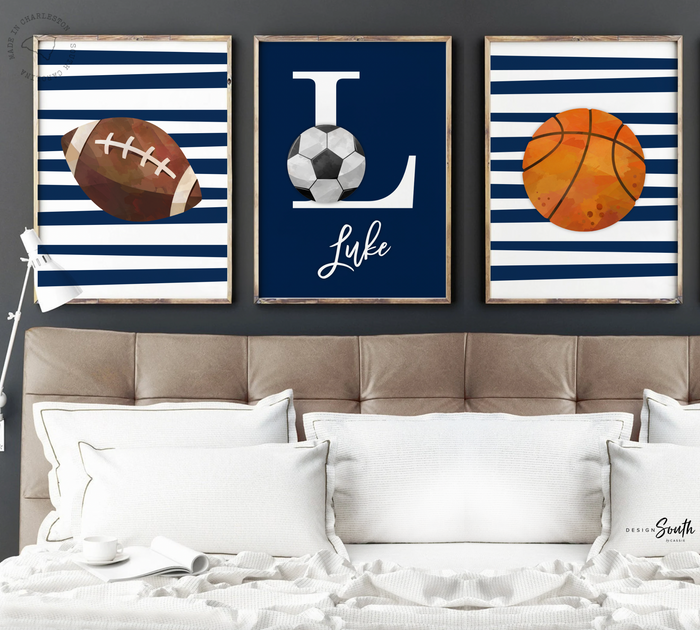 Boys nursery decor sports, boys bedroom decor, monogram print, navy blue and gray, boys monogram, boys nursery print, boy bedroom art sports