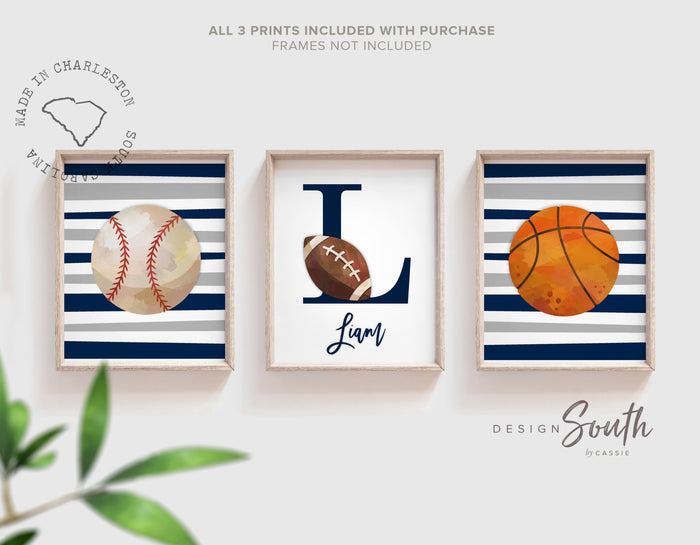 Blue sports art, sports wall prints customized kids name, nursery decor sports theme, set of three above crib sports, boy bedroom sports art