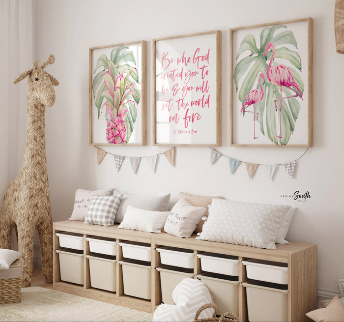 Hot pink be who god meant you to be and you will set the world on fire St. Catherine of Siena quote art print, flamingo tropical nursery wall art, flamingo pineapple palm leaf art, girl's palm name bedroom art