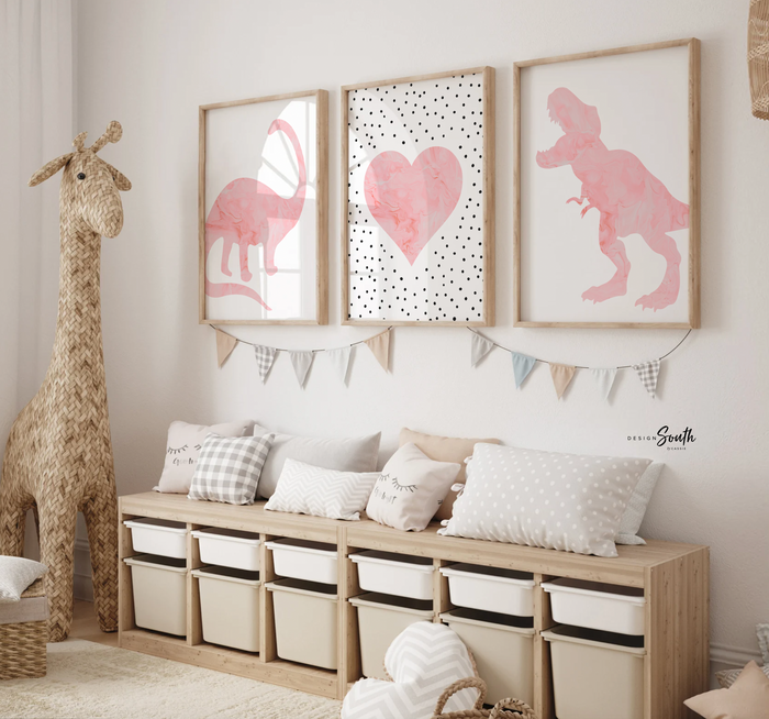 Girl dinosaurs hearts rainbows, girl pink dinosaur themed nursery, girl dinosaur bedroom wall art, pink dinosaurs, 6 girly dinosaur prints