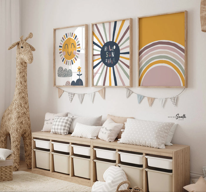 Sunshine nursery wall art, hello sunshine sun rays clouds rainbow neutral colors, gender neutral baby room wall art, unisex themes room idea