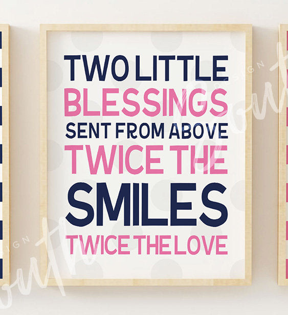 Twin nursery decor, elephant nursery decor, pink and navy blue, quote for twins, twin art, nursery wall decor, twin nursery for boy and girl