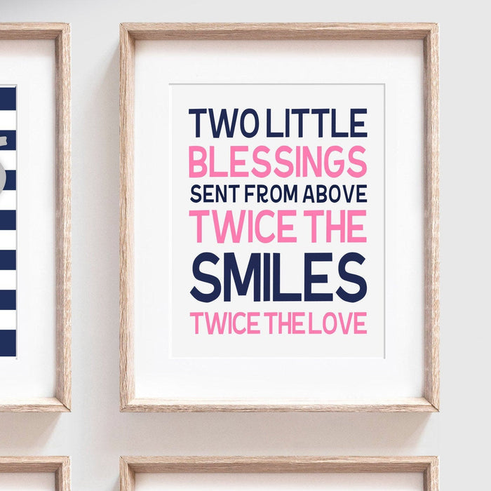 Twin nursery decor, elephant nursery decor, pink and navy blue, quote for twins, twin art, nursery wall decor, twin nursery boy and girl