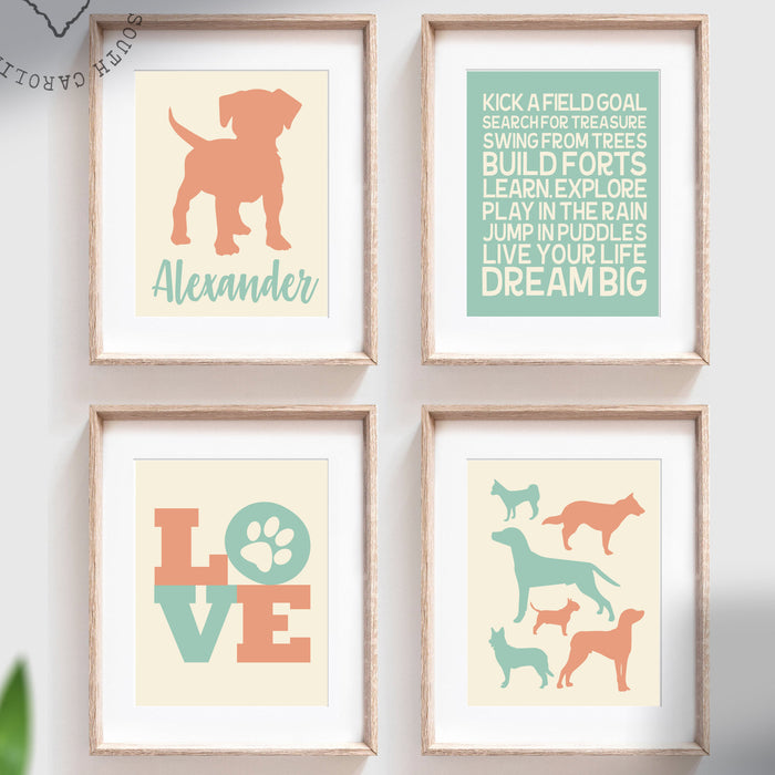 Rustic puppy dog prints for boys, boys nursery decor, teal and orange nursery decor for boys, quote for boys room, dream big quote, dog art