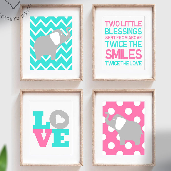 Twin nursery wall art boy/girl, twin nursery decor, boy girl nursery wall art, pink teal twin decor, boy/girl twin decor, twin nursery art