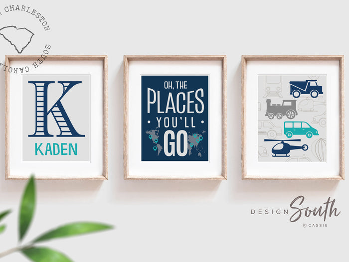 Transportation theme for boys nursery or bedroom, personalized name print for boys, oh the places you'll go, cars, turquoise and navy prints
