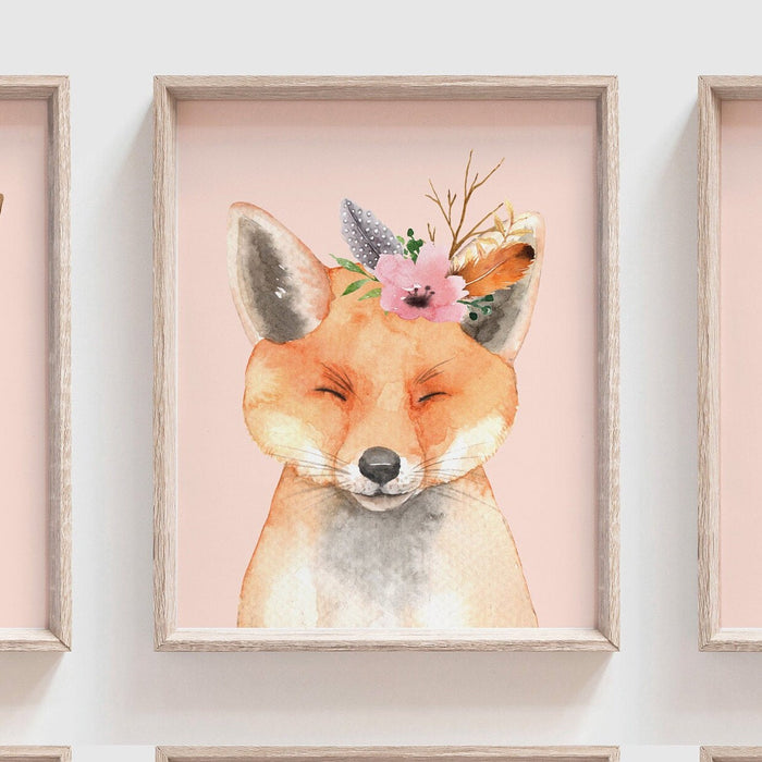 Woodland animal set of six 6, nursery art prints, baby girl nursery woodland animals prints blush pink, girls room wall art statement wall
