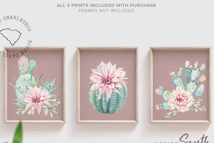 Succulent wall art print, mauve bathroom decor, ideas for bathroom decorating, cactus blooms theme, mauve bathroom art for adult or children