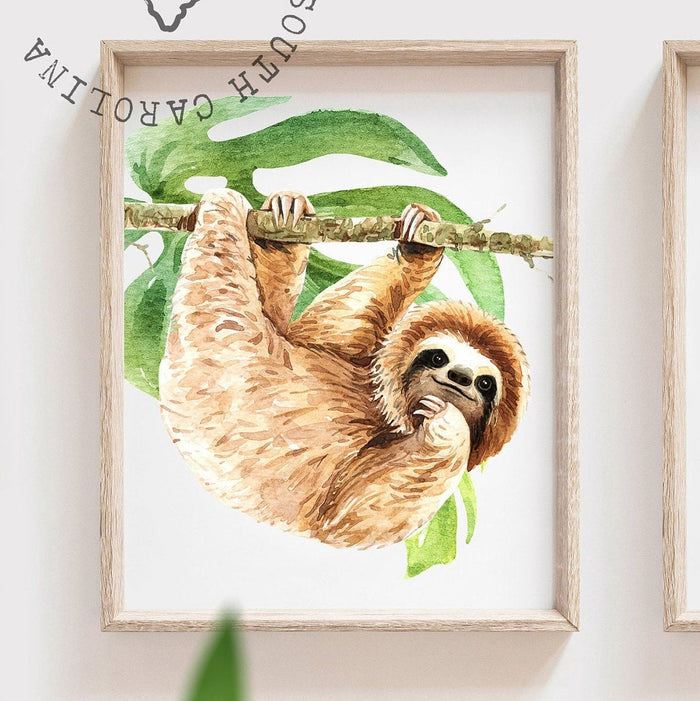 Sloth wall art set, kids hanging sloth in nature, sloth kids room personalized name gift, animal lover nursery gift, wall art kid decor name